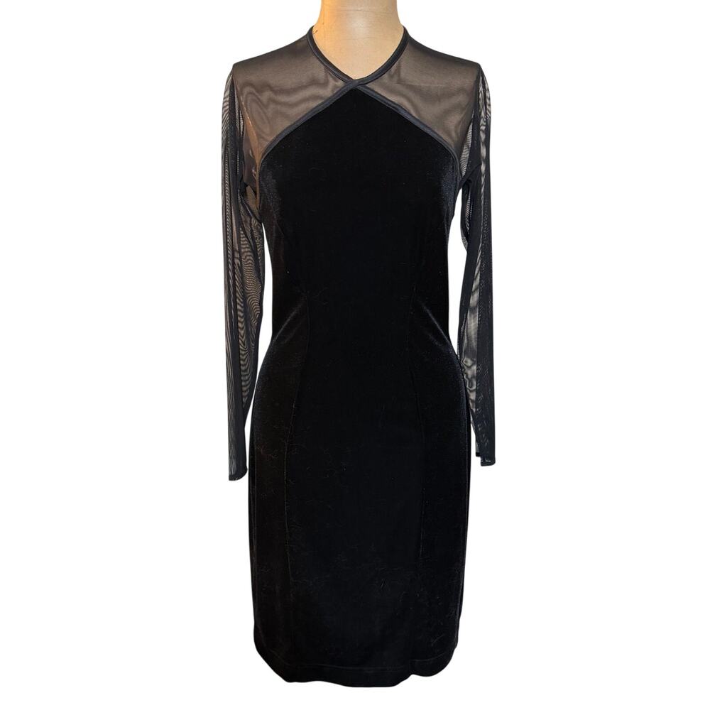 Tadashi Mini Dress Vintage Black Velvet with Sheer Mesh Sleeves size 8